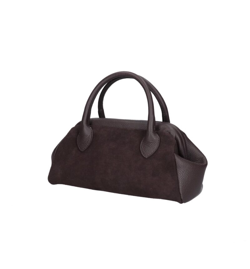 Suede Handtas Isadora donkerbruin donkerbruine leren details schoudertassen generfd leer drukknoopsluiting knipsluiting tassen kopen bestellen uniek