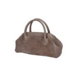 Suede Handtas Isadora donkertaupe leren details schoudertassen generfd leer drukknoopsluiting knipsluiting tassen kopen bestellen uniek