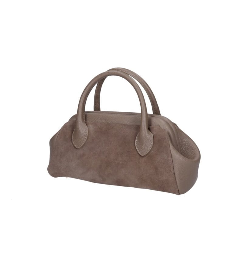 Suede Handtas Isadora donkertaupe leren details schoudertassen generfd leer drukknoopsluiting knipsluiting tassen kopen bestellen uniek