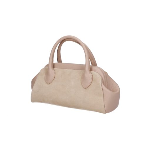 Suede Handtas Isadora taupe leren details schoudertassen generfd leer drukknoopsluiting knipsluiting tassen kopen bestellen uniek