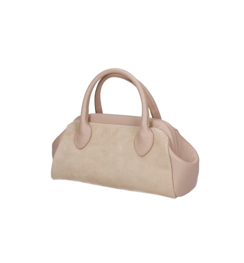 Suede Handtas Isadora taupe leren details schoudertassen generfd leer drukknoopsluiting knipsluiting tassen kopen bestellen uniek