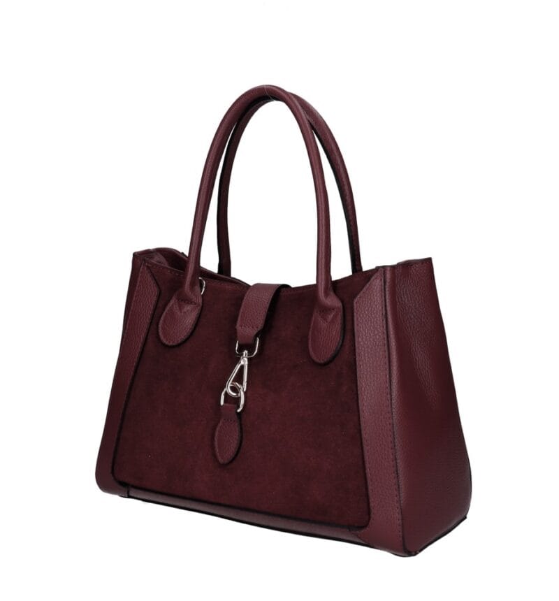 Leren Suede Handtas Manola bordeaux ruime suede tas met leren details zilver beslag uniek slot chique damestassen kopen