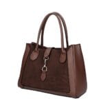 Leren Suede Handtas Manola bruin bruine ruime suede tas met leren details zilver beslag uniek slot chique damestassen kopen