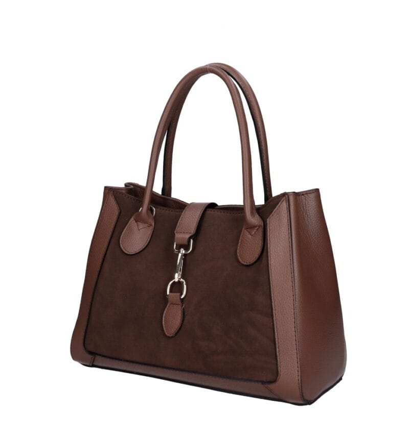 Leren Suede Handtas Manola bruin bruine ruime suede tas met leren details zilver beslag uniek slot chique damestassen kopen