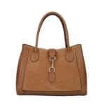Leren Suede Handtas Manola cognac ruime suede tas met leren details zilver beslag uniek slot chique damestassen kopen 1