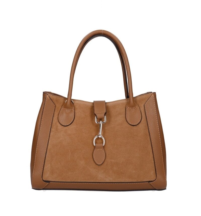 Leren Suede Handtas Manola cognac ruime suede tas met leren details zilver beslag uniek slot chique damestassen kopen 1