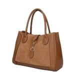 Leren Suede Handtas Manola cognac ruime suede tas met leren details zilver beslag uniek slot chique damestassen kopen
