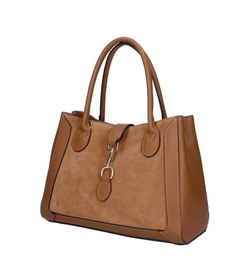 Leren Suede Handtas Manola cognac ruime suede tas met leren details zilver beslag uniek slot chique damestassen kopen