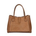 Leren Suede Handtas Manola cognac ruime suede tas met leren details zilver beslag uniek slot chique damestassen kopen achter
