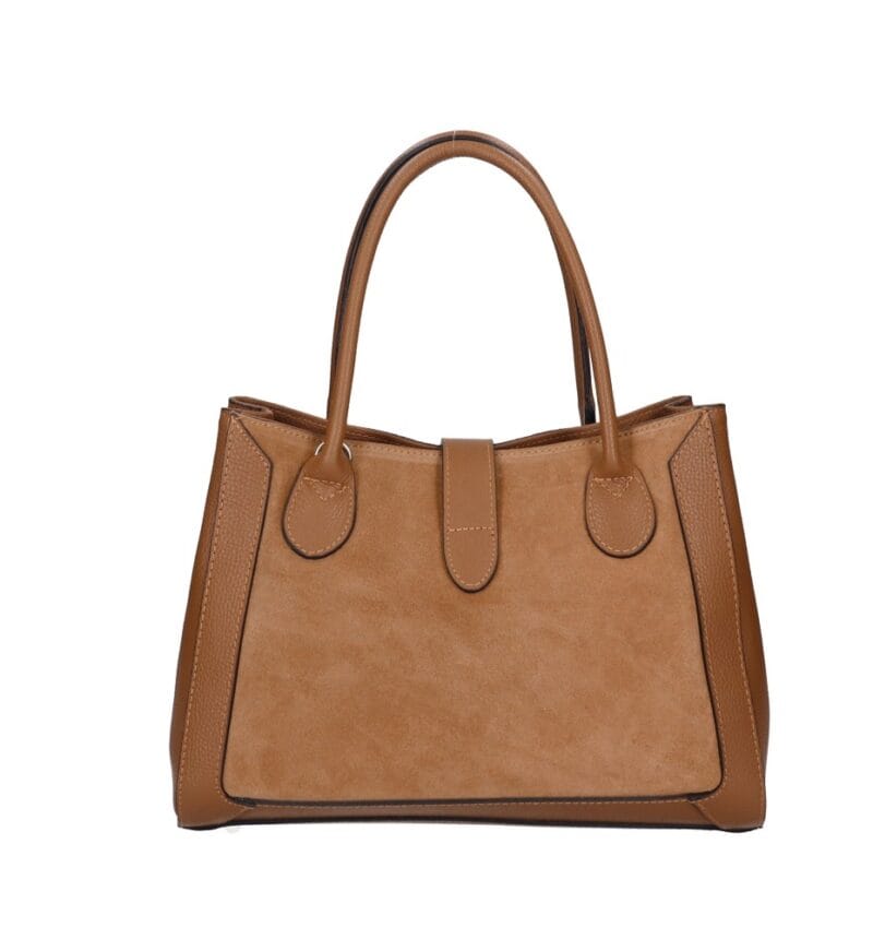 Leren Suede Handtas Manola cognac ruime suede tas met leren details zilver beslag uniek slot chique damestassen kopen achter