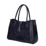 Leren Suede Handtas Manola donkerblauw navy ruime suede tas met leren details zilver beslag uniek slot chique damestassen kopen