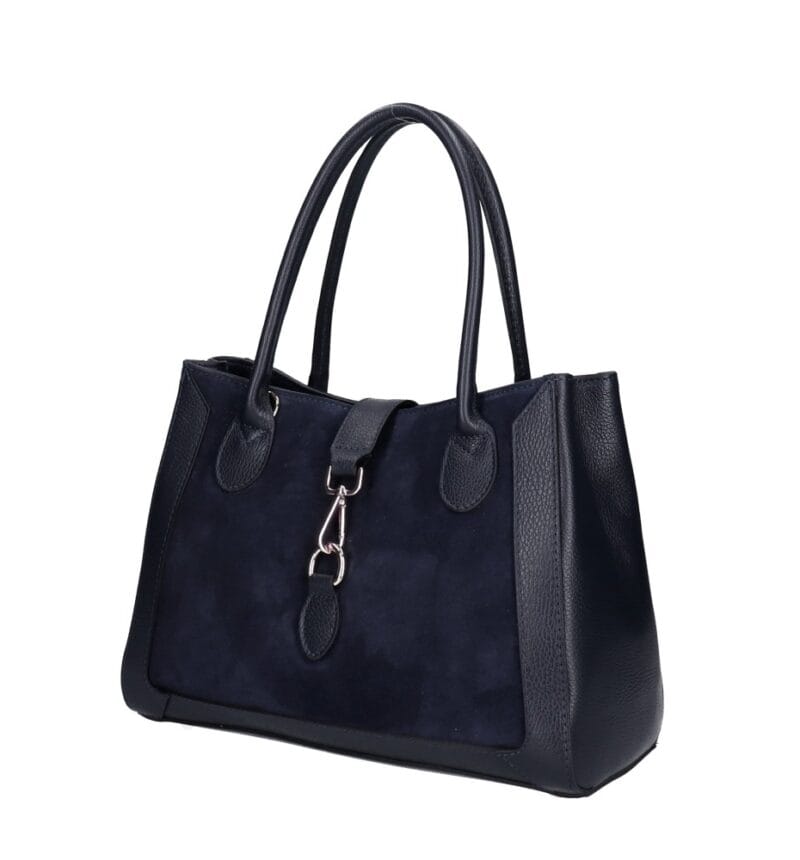 Leren Suede Handtas Manola donkerblauw navy ruime suede tas met leren details zilver beslag uniek slot chique damestassen kopen
