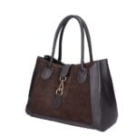 Leren Suede Handtas Manola donkerbruin donkerbruine ruime suede tas met leren details zilver beslag uniek slot chique damestassen kopen