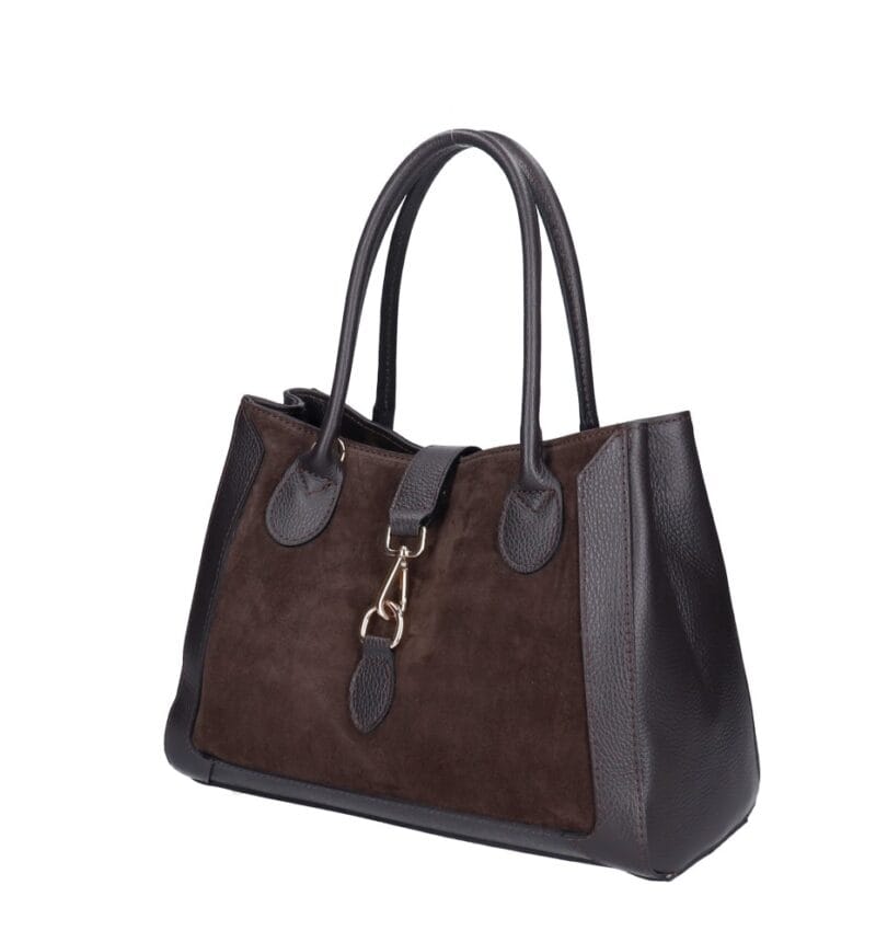 Leren Suede Handtas Manola donkerbruin donkerbruine ruime suede tas met leren details zilver beslag uniek slot chique damestassen kopen