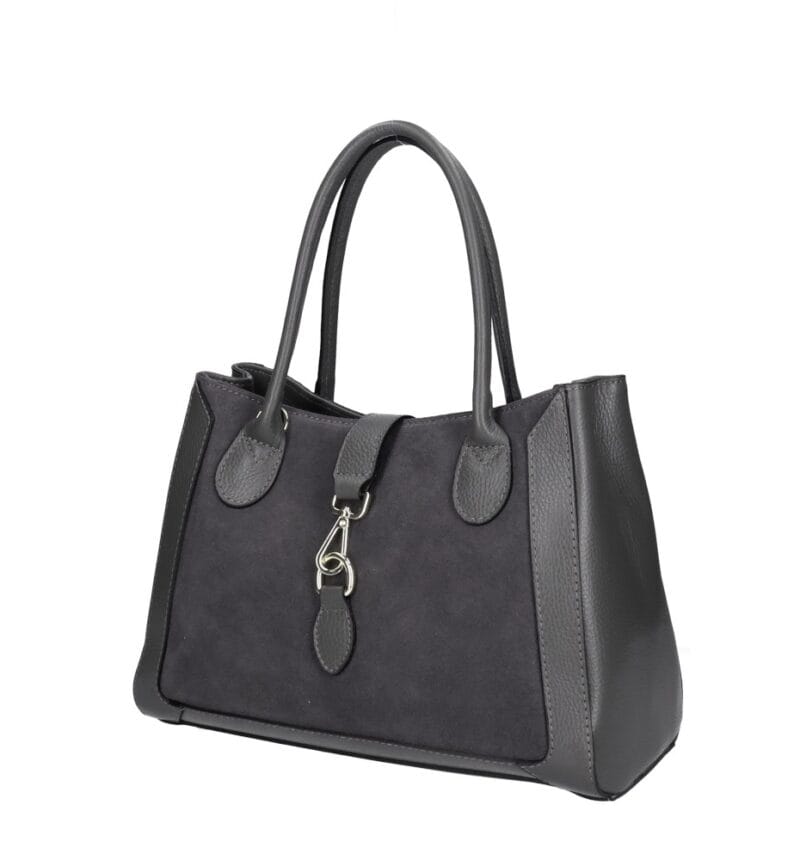 Leren Suede Handtas Manola donkergrijs grijze ruime suede tas met leren details zilver beslag uniek slot chique damestassen kopen