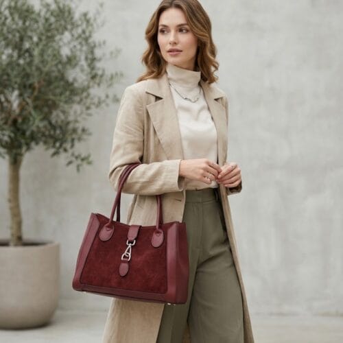 Leren Suede Handtas Manola donkerrood donkerrode ruime suede tas met leren details zilver beslag uniek slot chique damestassen kopen model 1