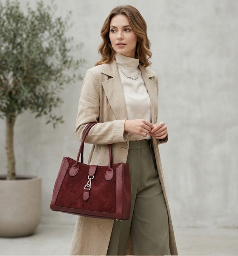 Leren Suede Handtas Manola donkerrood donkerrode ruime suede tas met leren details zilver beslag uniek slot chique damestassen kopen model 1