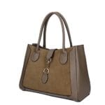 Leren Suede Handtas Manola donkertaupe ruime suede tas met leren details zilver beslag uniek slot chique damestassen kopen