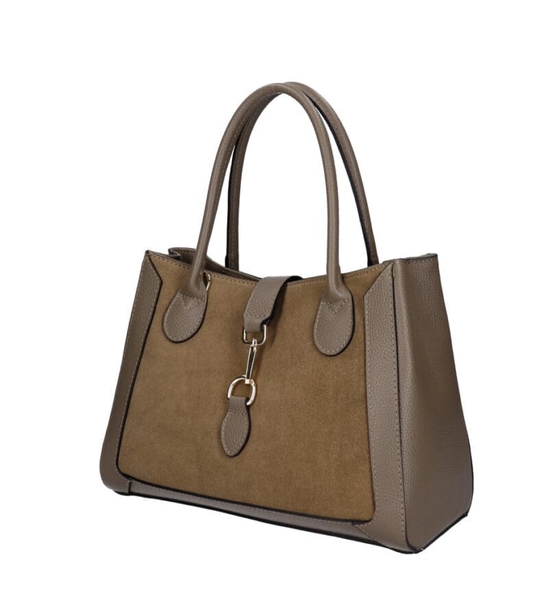Leren Suede Handtas Manola donkertaupe ruime suede tas met leren details zilver beslag uniek slot chique damestassen kopen