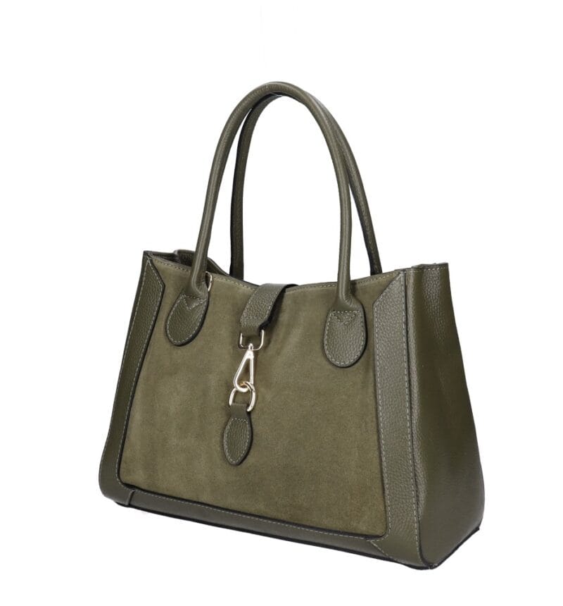 Leren Suede Handtas Manola olijfgroen olijfgroene ruime suede tas met leren details zilver beslag uniek slot chique damestassen kopen