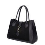 Leren Suede Handtas Manola zwart zwarte ruime suede tas met leren details zilver beslag uniek slot chique damestassen kopen