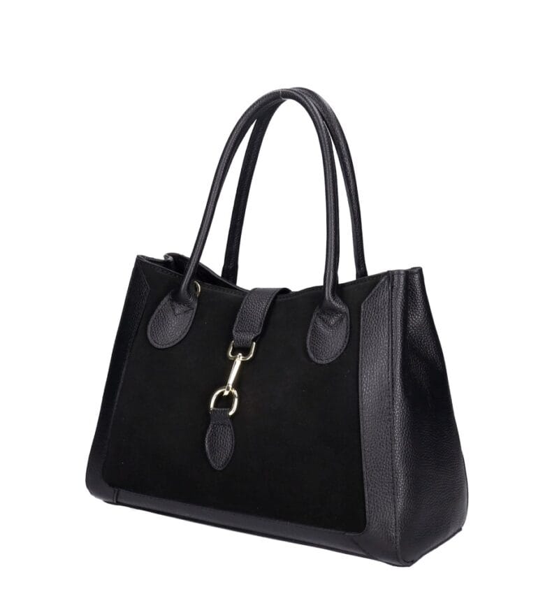 Leren Suede Handtas Manola zwart zwarte ruime suede tas met leren details zilver beslag uniek slot chique damestassen kopen