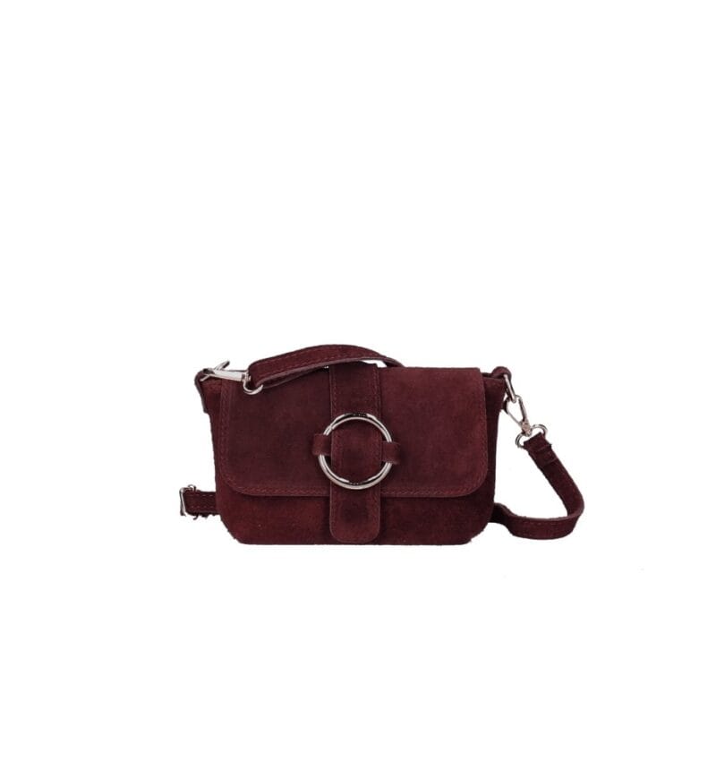 Suede Schoudertas Allison bordeaux schoudertassen tassen gouden ring detail leer kopen bestellen