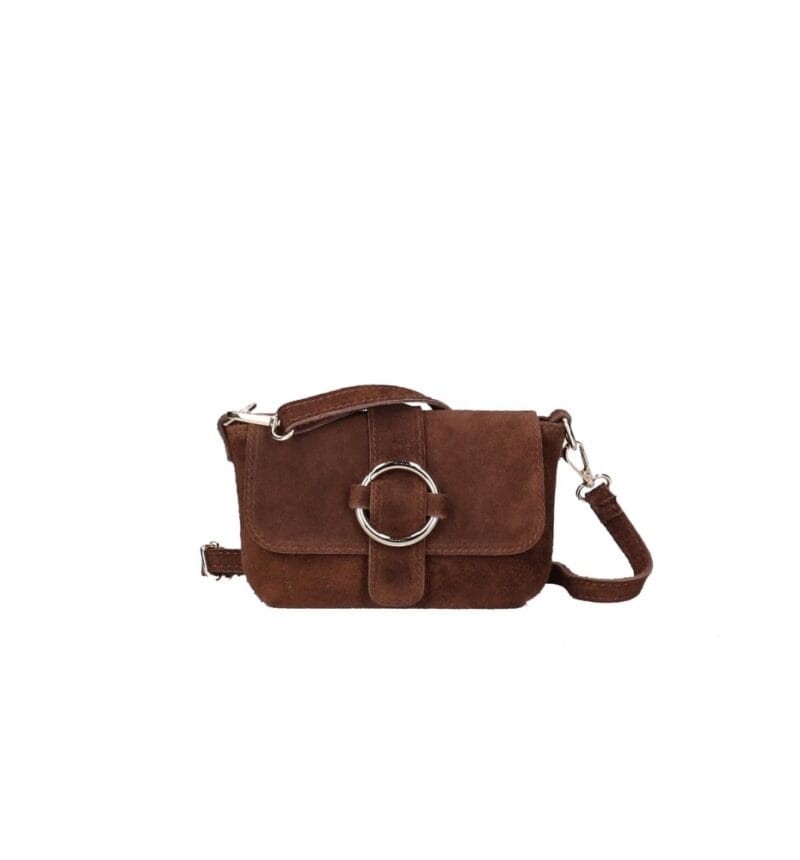 Suede Schoudertas Allison bruin bruine schoudertassen tassen gouden ring detail leer kopen bestellen