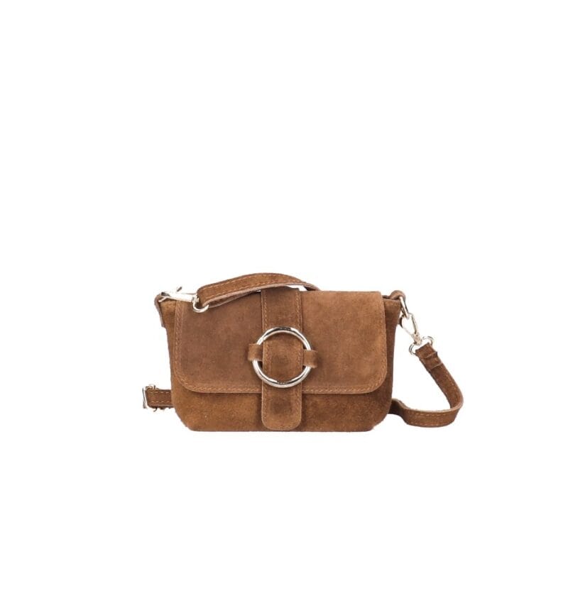 Suede Schoudertas Allison cognac schoudertassen tassen gouden ring detail leer kopen bestellen