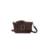 Suede Schoudertas Allison donkerbruin bruine schoudertassen tassen gouden ring detail leer kopen bestellen