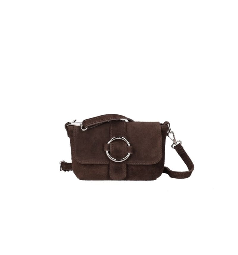 Suede Schoudertas Allison donkerbruin bruine schoudertassen tassen gouden ring detail leer kopen bestellen