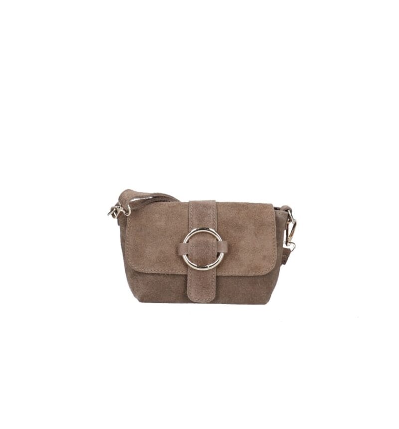 Suede Schoudertas Allison donkertaupe schoudertassen tassen gouden ring detail leer kopen bestellen