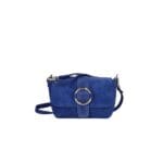 Suede Schoudertas Allison jeansblauw blauwe schoudertassen tassen gouden ring detail leer kopen bestellen