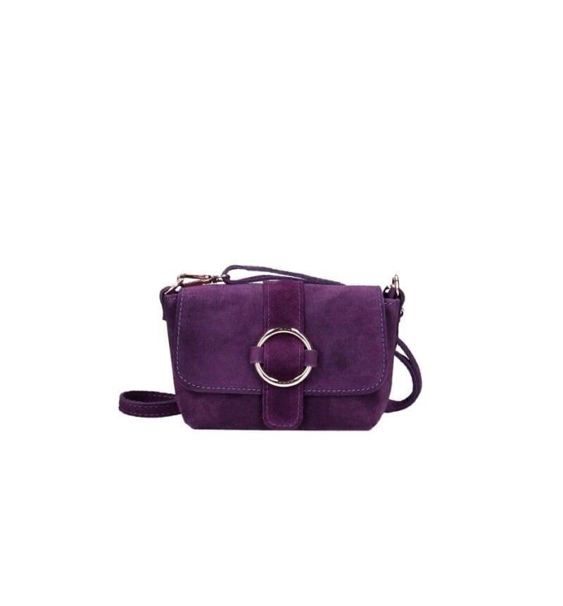 Suede Schoudertas Allison paars paarse schoudertassen tassen gouden ring detail leer kopen bestellen