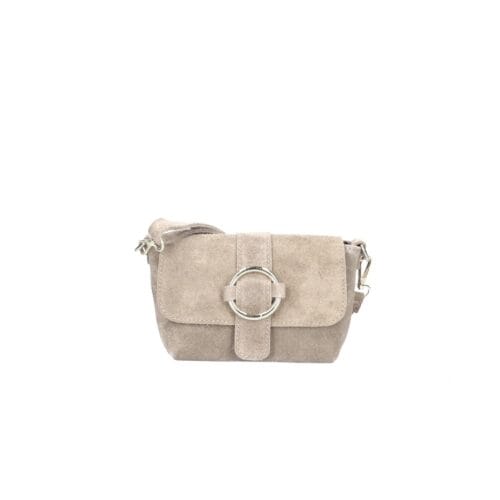 Suede Schoudertas Allison taupe schoudertassen tassen gouden ring detail leer kopen bestellen