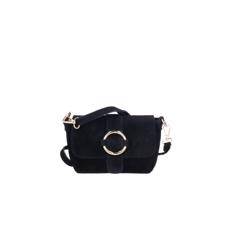 Suede Schoudertas Allison zwart zwarte schoudertassen tassen gouden ring detail leer kopen bestellen