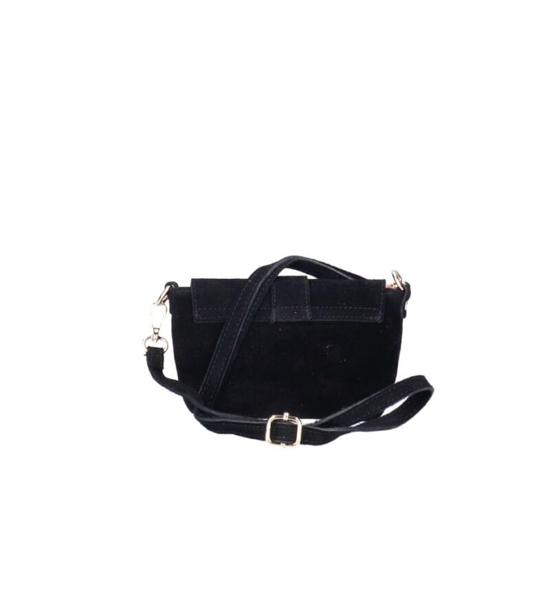 Suede Schoudertas Allison zwart zwarte schoudertassen tassen gouden ring detail leer kopen bestellen achterkant