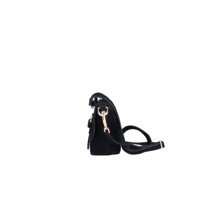 Suede Schoudertas Allison zwart zwarte schoudertassen tassen gouden ring detail leer kopen bestellen zij