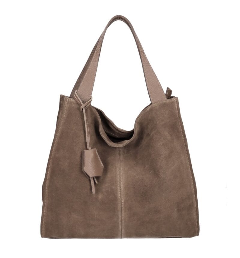 Suede Schoudertas Enjy donkertaupe suede schoudertas leren hengsel chique luxe suede leer tassen dames kopen bestellen italiaans