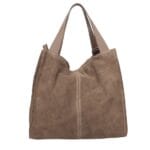 Suede Schoudertas Enjy donkertaupe suede schoudertas leren hengsel chique luxe suede leer tassen dames kopen bestellen italiaans achterkant