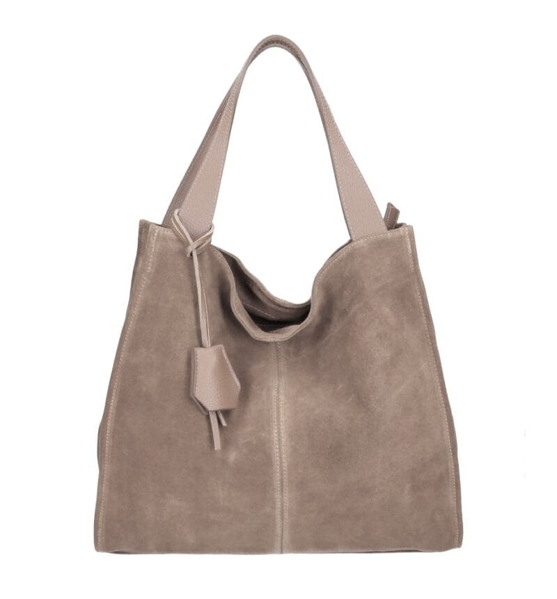 Suede Schoudertas Enjy taupe suede schoudertas leren hengsel chique luxe suede leer tassen dames kopen bestellen italiaans