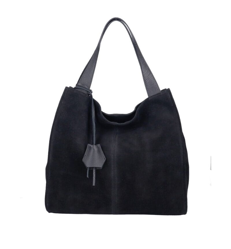 Suede Schoudertas Enjy zwart zwarte suede schoudertas leren hengsel chique luxe suede leer tassen dames kopen bestellen italiaans