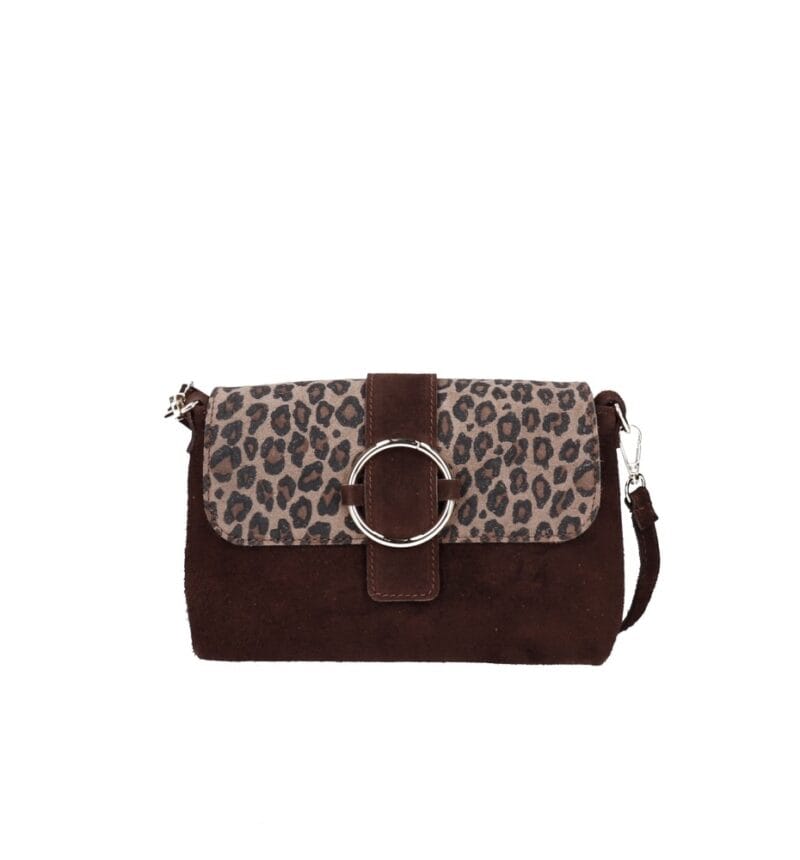 Suede Schoudertas Gabriella Leopard donkerbruin donkerbruine suede leer schoudertassen leopard flap gouden ring details kopen bestellen