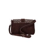 Suede Schoudertas Gabriella Leopard donkerbruin donkerbruine suede leer schoudertassen leopard flap gouden ring details kopen bestellen achterkant
