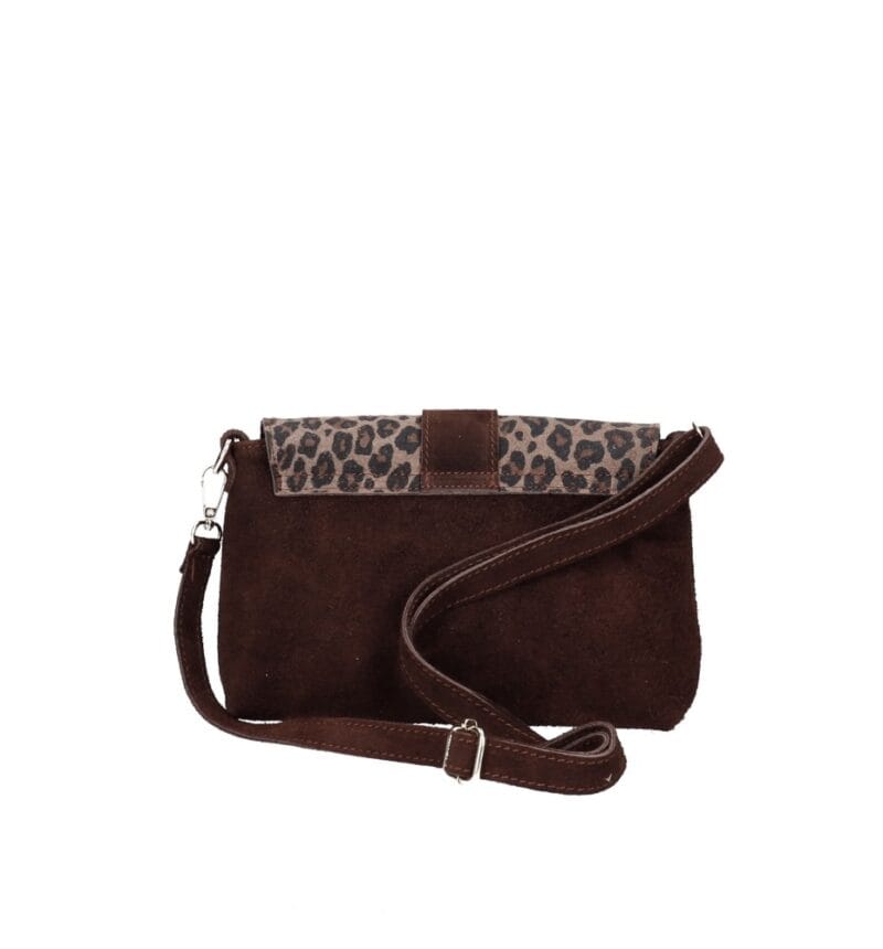 Suede Schoudertas Gabriella Leopard donkerbruin donkerbruine suede leer schoudertassen leopard flap gouden ring details kopen bestellen achterkant
