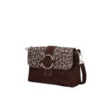 Suede Schoudertas Gabriella Leopard donkerbruin donkerbruine suede leer schoudertassen leopard flap gouden ring details kopen bestellen zij