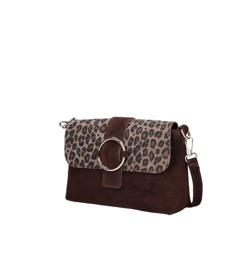 Suede Schoudertas Gabriella Leopard donkerbruin donkerbruine suede leer schoudertassen leopard flap gouden ring details kopen bestellen zij