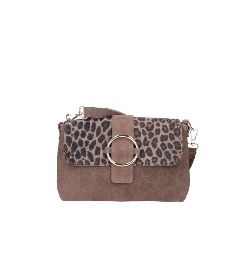 Suede Schoudertas Gabriella Leopard donkertaupe suede leer schoudertassen leopard flap gouden ring details kopen bestellen