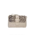 Suede Schoudertas Gabriella Leopard taupe suede leer schoudertassen leopard flap gouden ring details kopen bestellen