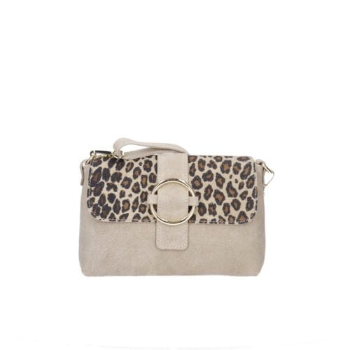 Suede Schoudertas Gabriella Leopard taupe suede leer schoudertassen leopard flap gouden ring details kopen bestellen